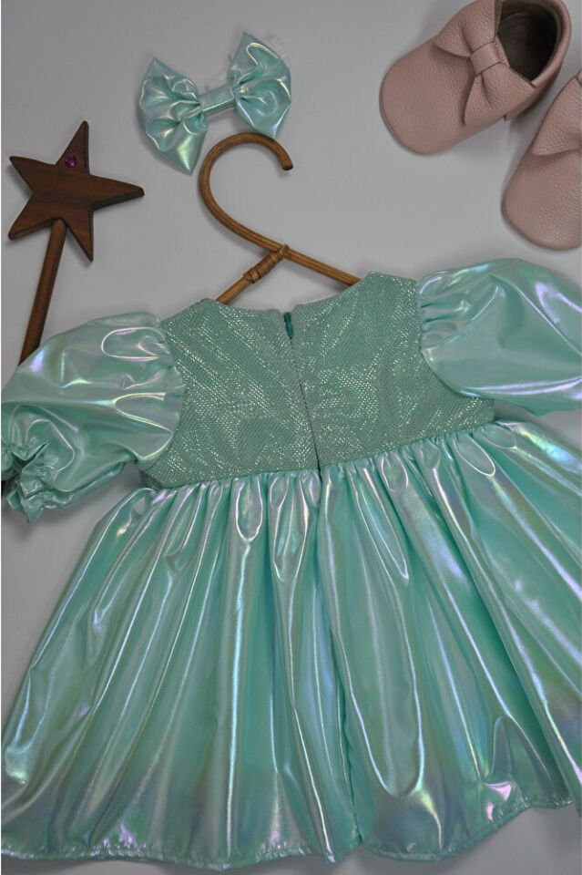 Water Green Toka Aksesuarlı Kız Bebek Elbise