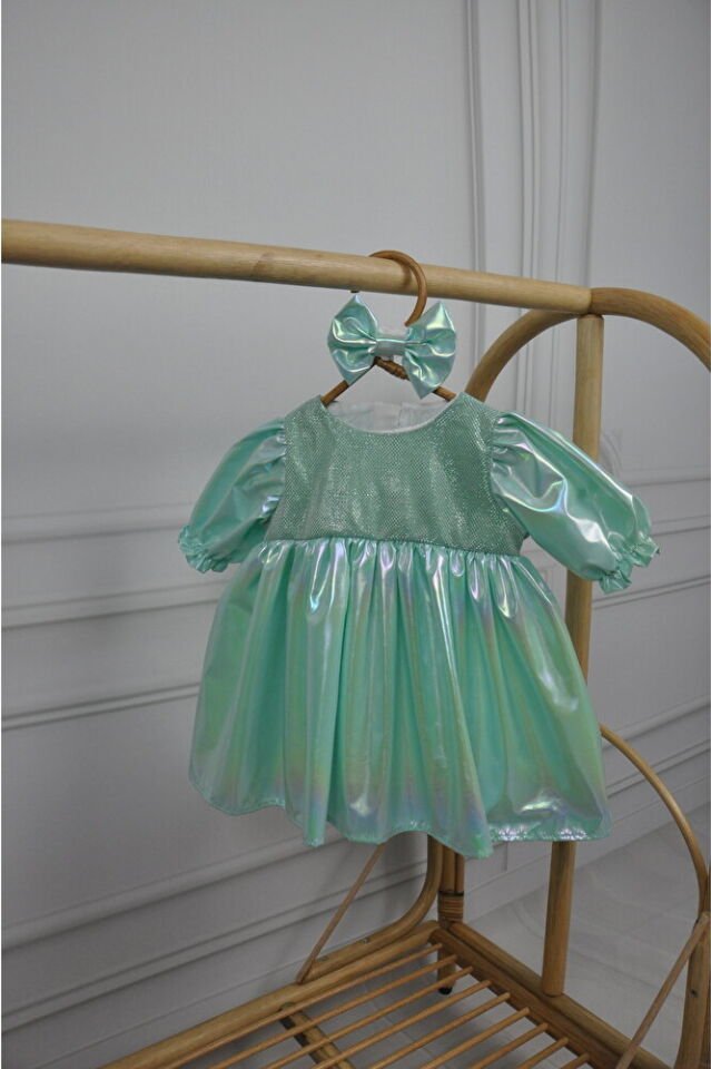 Water Green Toka Aksesuarlı Kız Bebek Elbise
