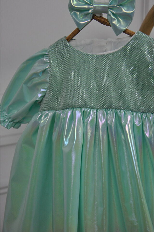 Water Green Toka Aksesuarlı Kız Bebek Elbise