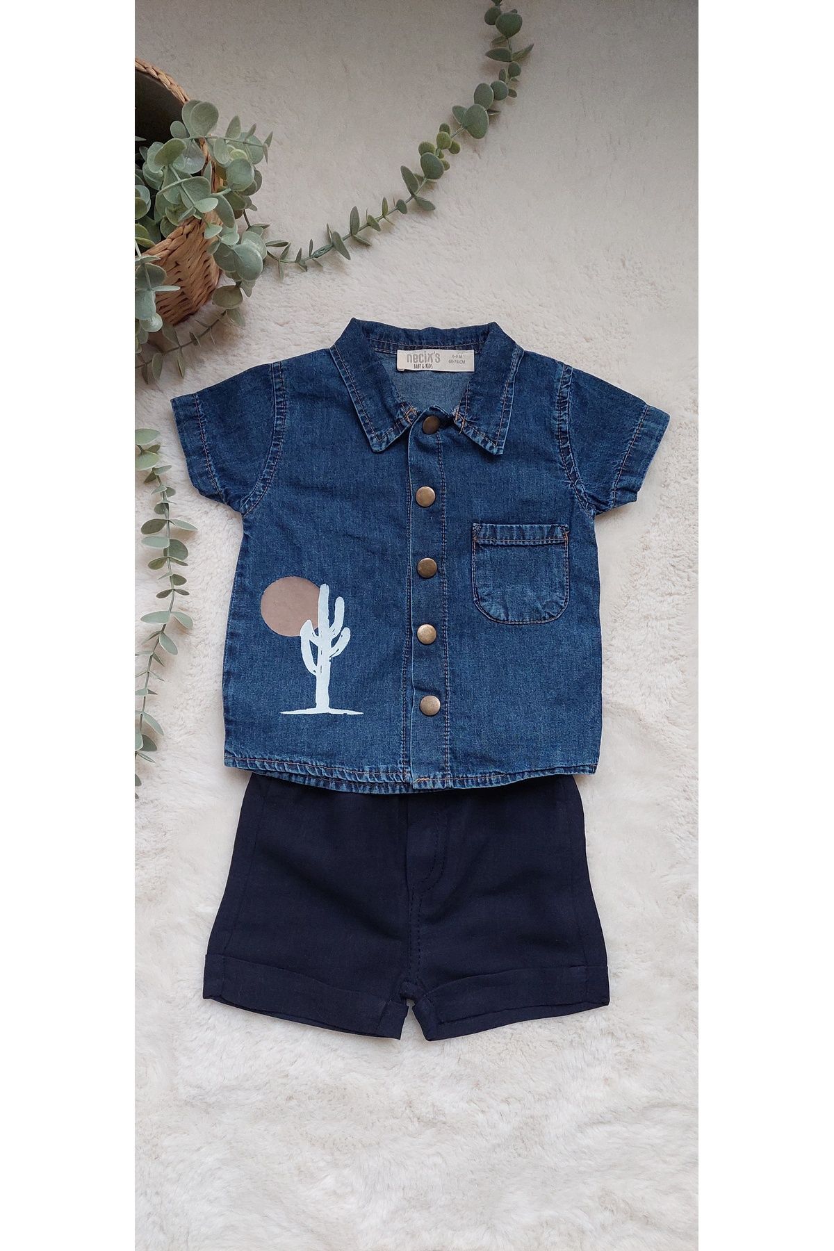 ministok Erkek Bebek Kot gömlekli Şortlu İkili Takım