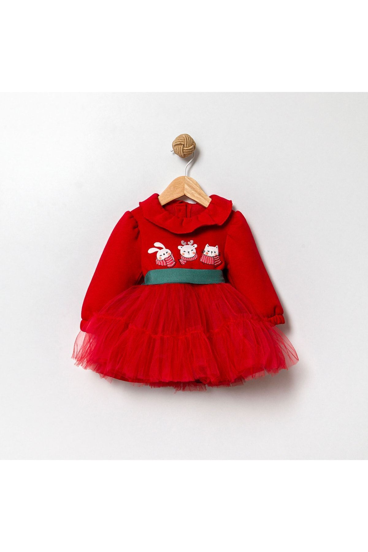 Cındy Üst Şardonlu Yeşil Kemerli Kırmızı Tütülü Kız Bebek Elbise