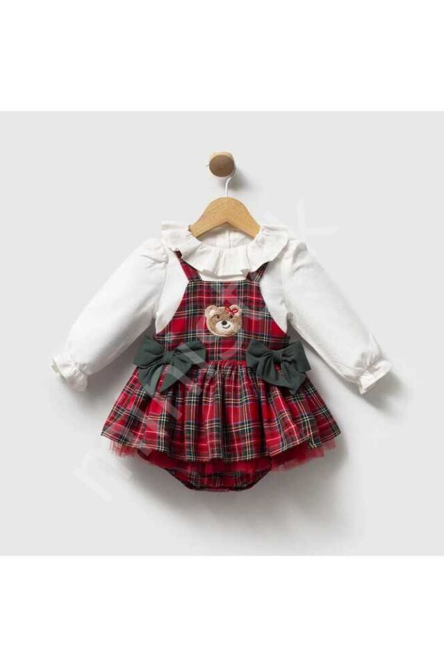 Tedy Bear Nakış Detaylı Ekose Desenli Kız Bebek Blüzlü Salopet Takım
