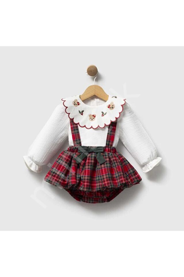 Baby Bloom Ekose Desenli Yakası Nakışlı Kız Bebek Blüzlü Salopet Takım