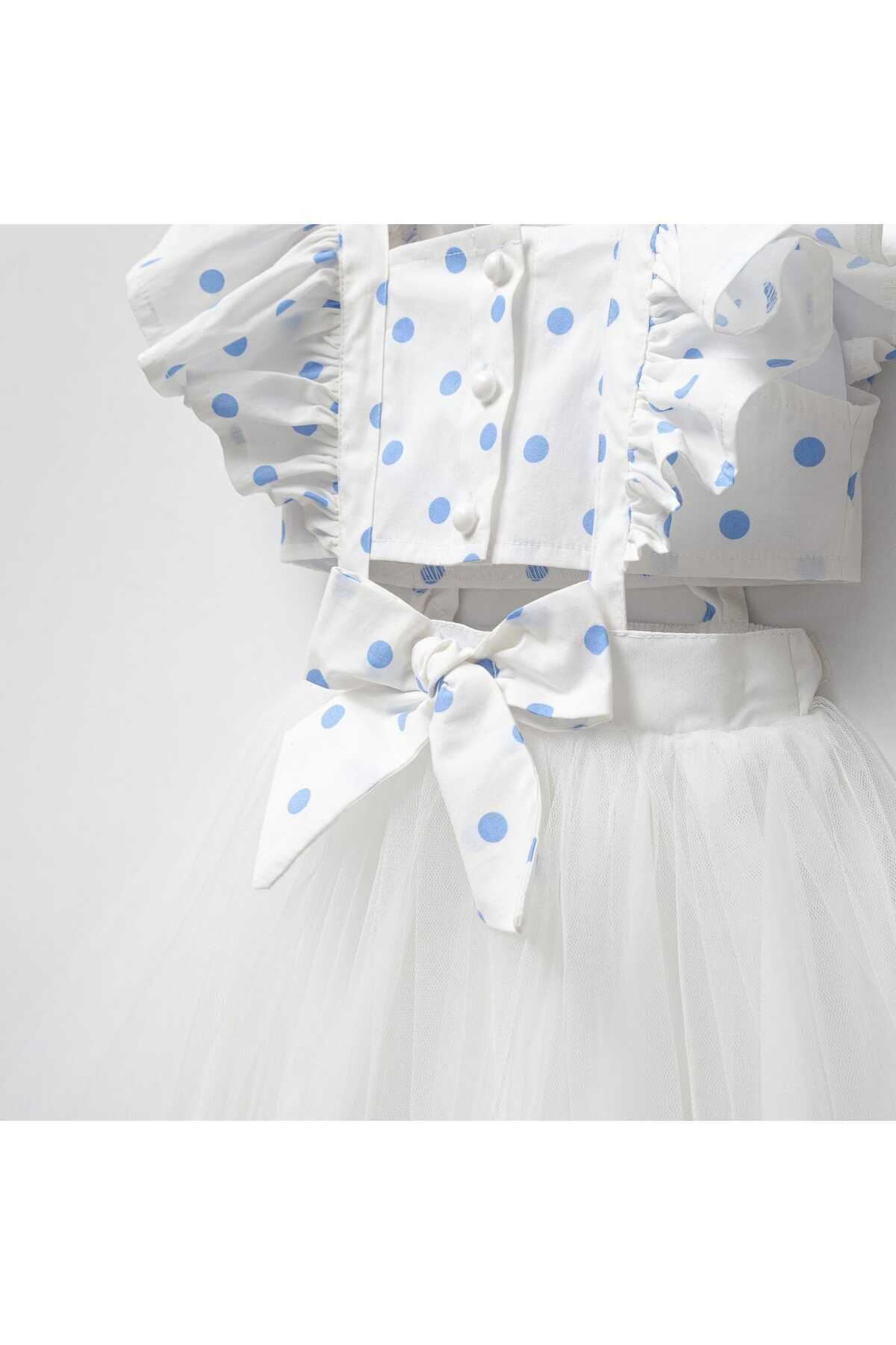 Mavi Puantiyeli Tütülü Elbise