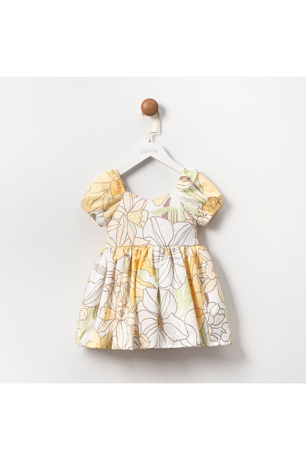Sarı Çiçekli Fiyonklu Kız Elbise