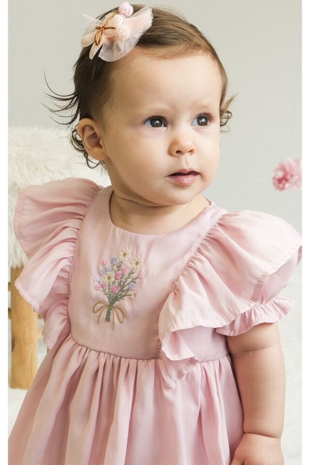Linda Balon Kollu Nakışlı Kız Bebek Elbise