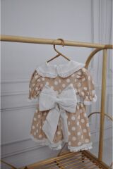 Puantiyeli Bebe Yakalı Arkası Fiyonklu Kız Çocuk Elbise