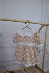 Puantiyeli Bebe Yakalı Arkası Fiyonklu Kız Çocuk Elbise