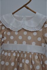 Puantiyeli Bebe Yakalı Arkası Fiyonklu Kız Çocuk Elbise