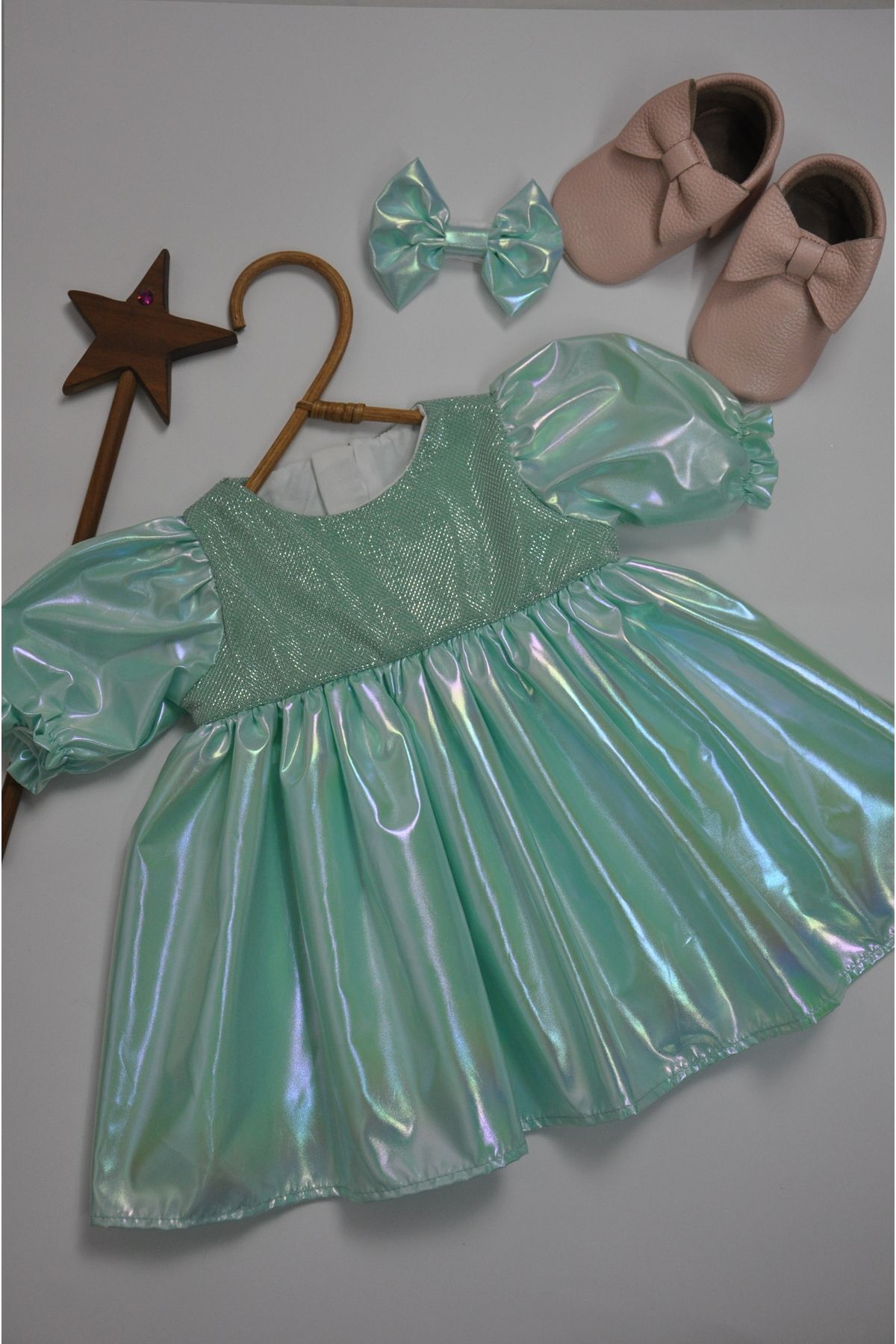 Water Green Toka Aksesuarlı Kız Bebek Elbise