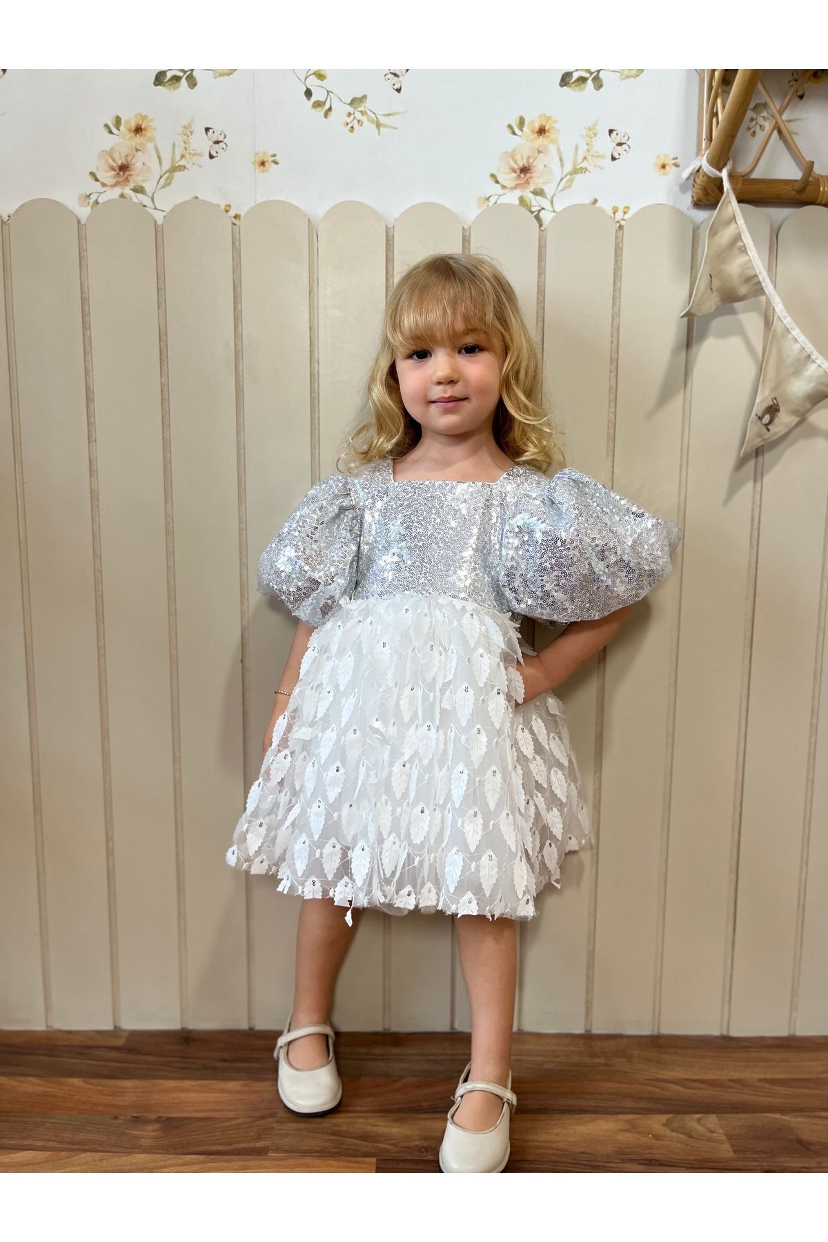 Gümüş Payetli Balon Kollu Davet Özel Gün Doğum Günü Elbisesi
