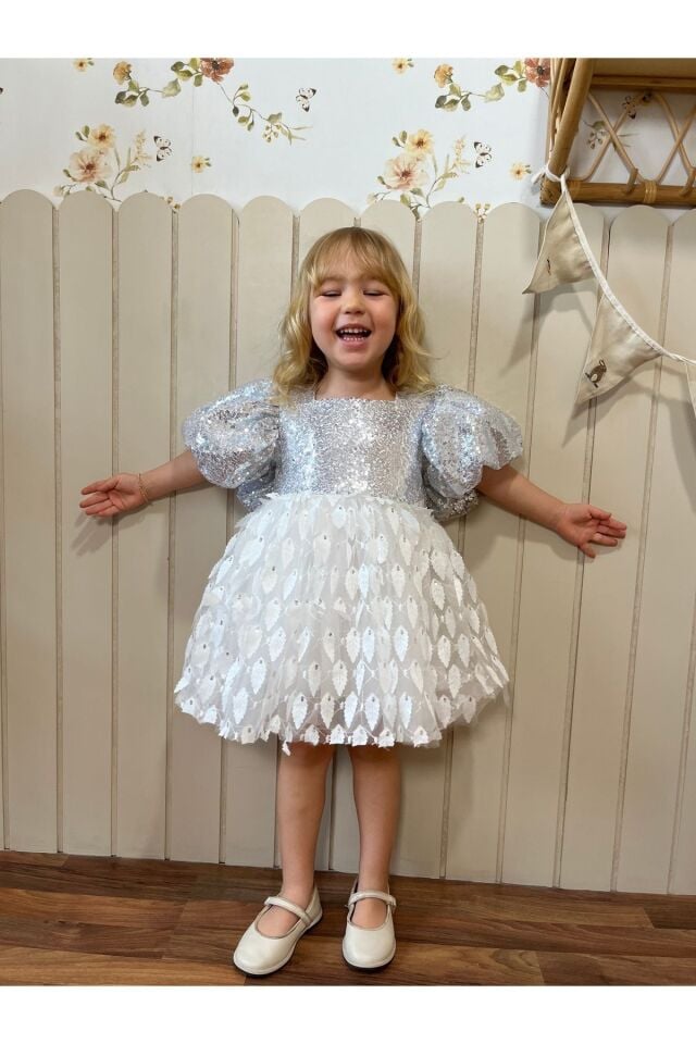 Gümüş Payetli Balon Kollu Davet Özel Gün Doğum Günü Elbisesi