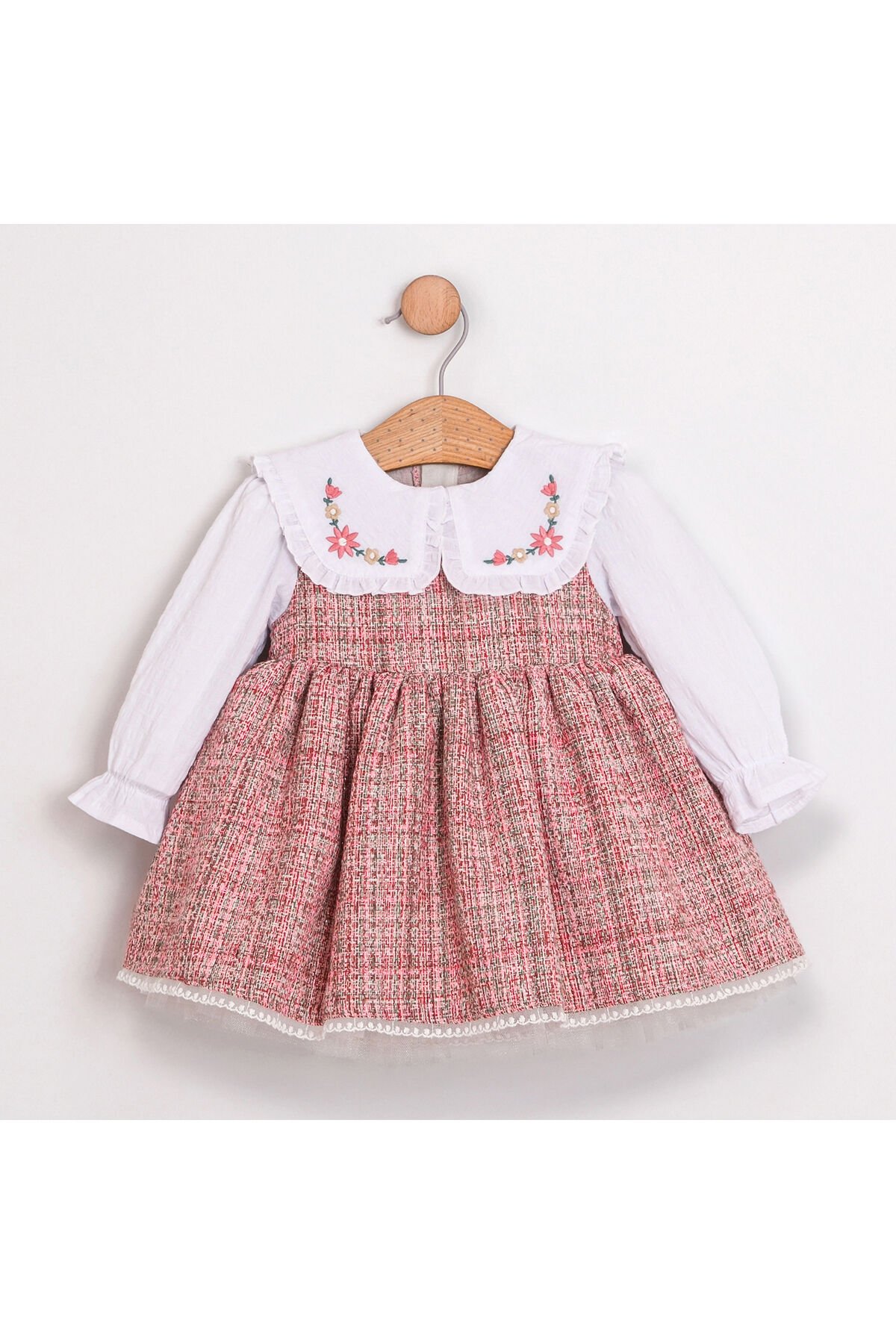 Yakası Nakışlı Tüvit Kız Bebek Elbise Pembe - 9 - 12 Ay