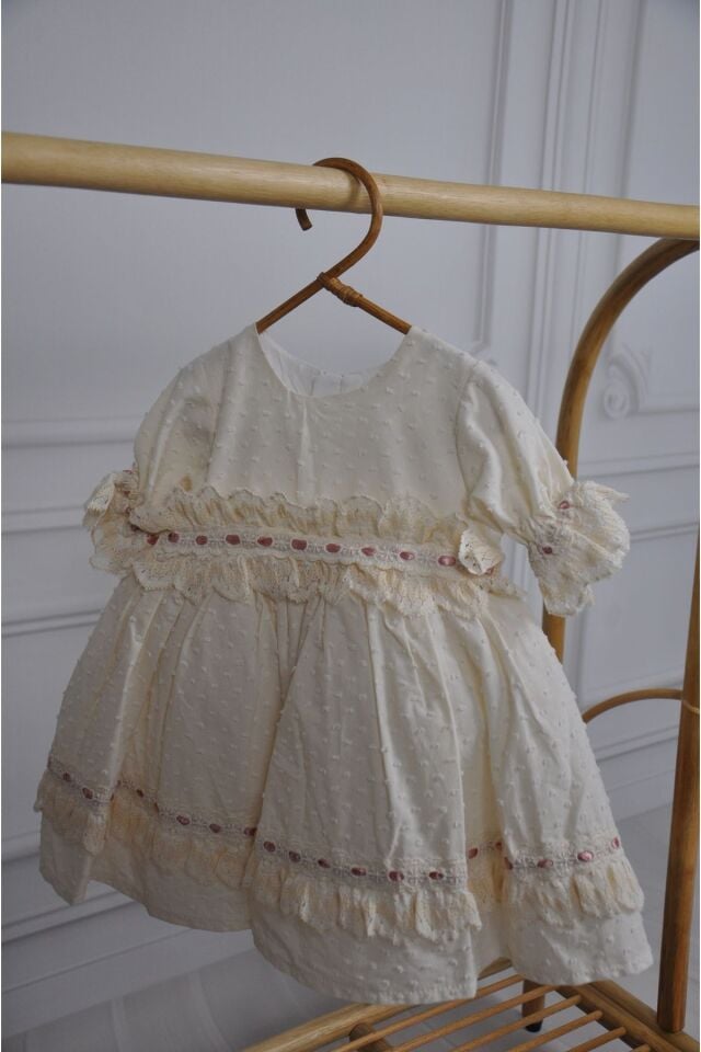 Arkası Çiçek Detaylı Vintage Kız Çocuk Elbise