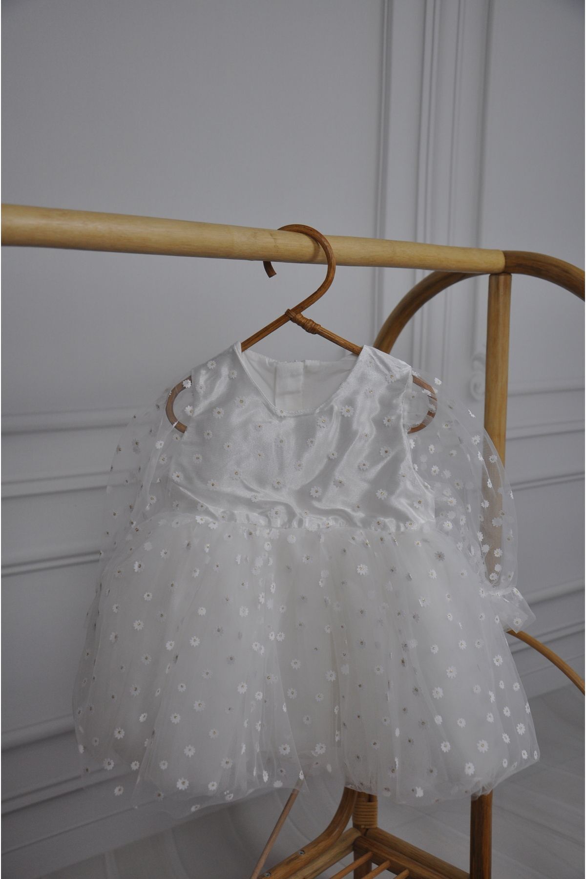 Minik Papatyalı Uzun Balon Kollu Kız çocuk Elbise