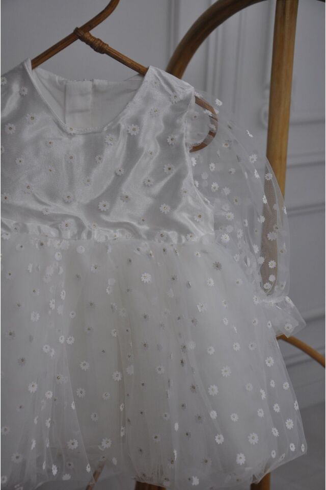 Minik Papatyalı Uzun Balon Kollu Kız çocuk Elbise