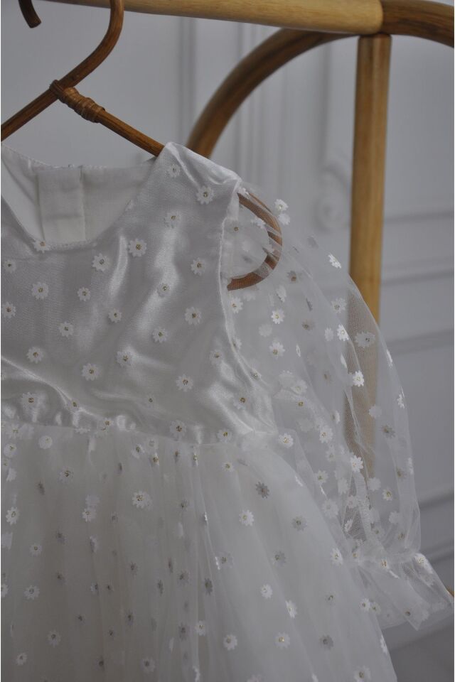 Minik Papatyalı Uzun Balon Kollu Kız çocuk Elbise