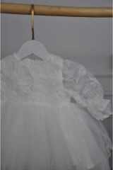 Beyaz Balon Kollu Tütülü Kız Bebek Elbise