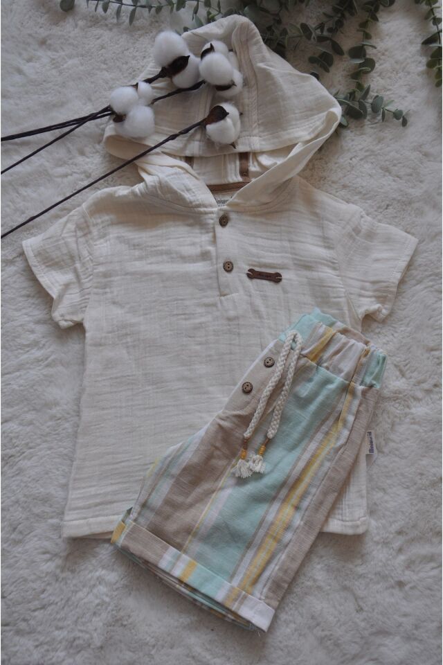 Erkek Çocuk Şortlu Kapişonlu Müslin Takım