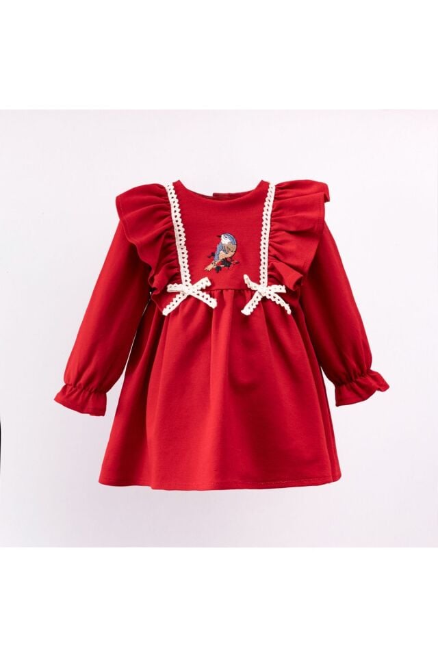 Kuş Nakışlı Kız Bebek Elbise