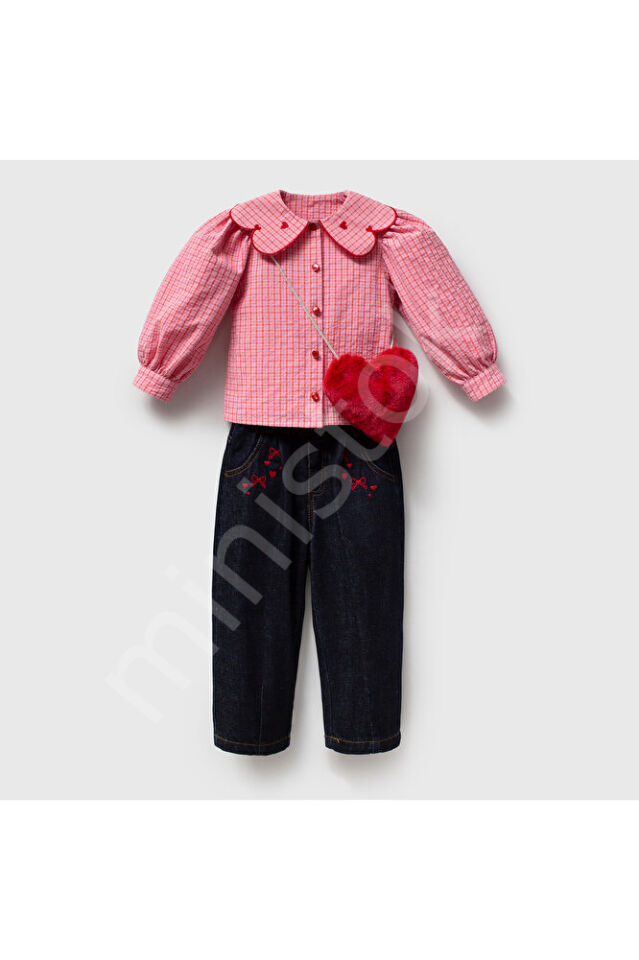 Lovely Kalp Yaka Gömlek Baloon Jean Pantolon Çanta Aksesuarlı 3'lü Kız Çocuk Takım