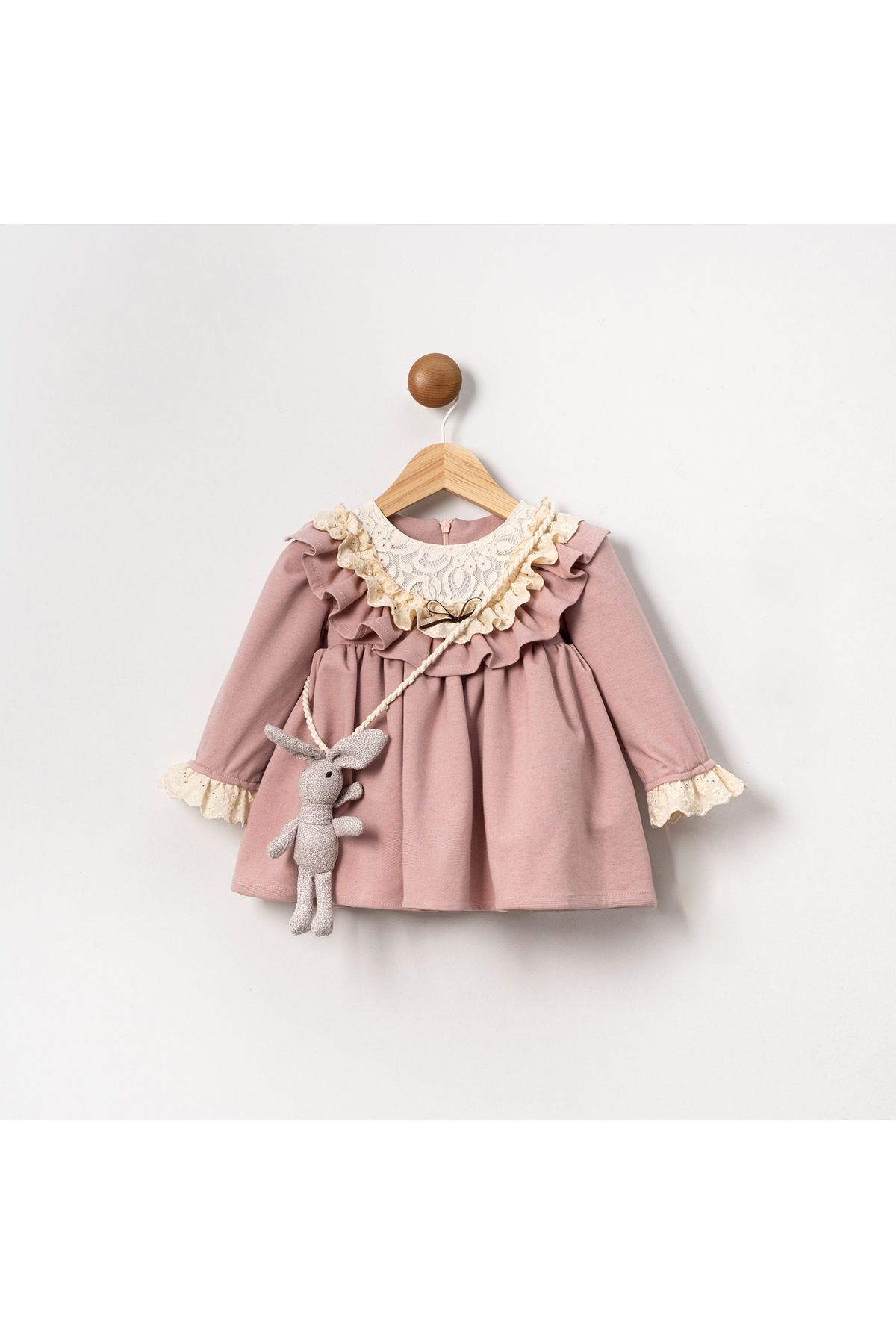 Rabbit Aksesuarlı Dantel Yakalı Kız Bebek Elbise