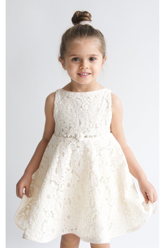 Perla Dantelli Arkası Fiyonklu Kız Çocuk Elbise