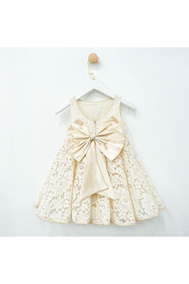 Perla Dantelli Arkası Fiyonklu Kız Çocuk Elbise