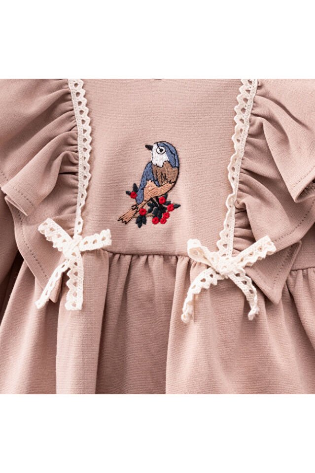 Kuş Nakışlı Kız Bebek Elbise