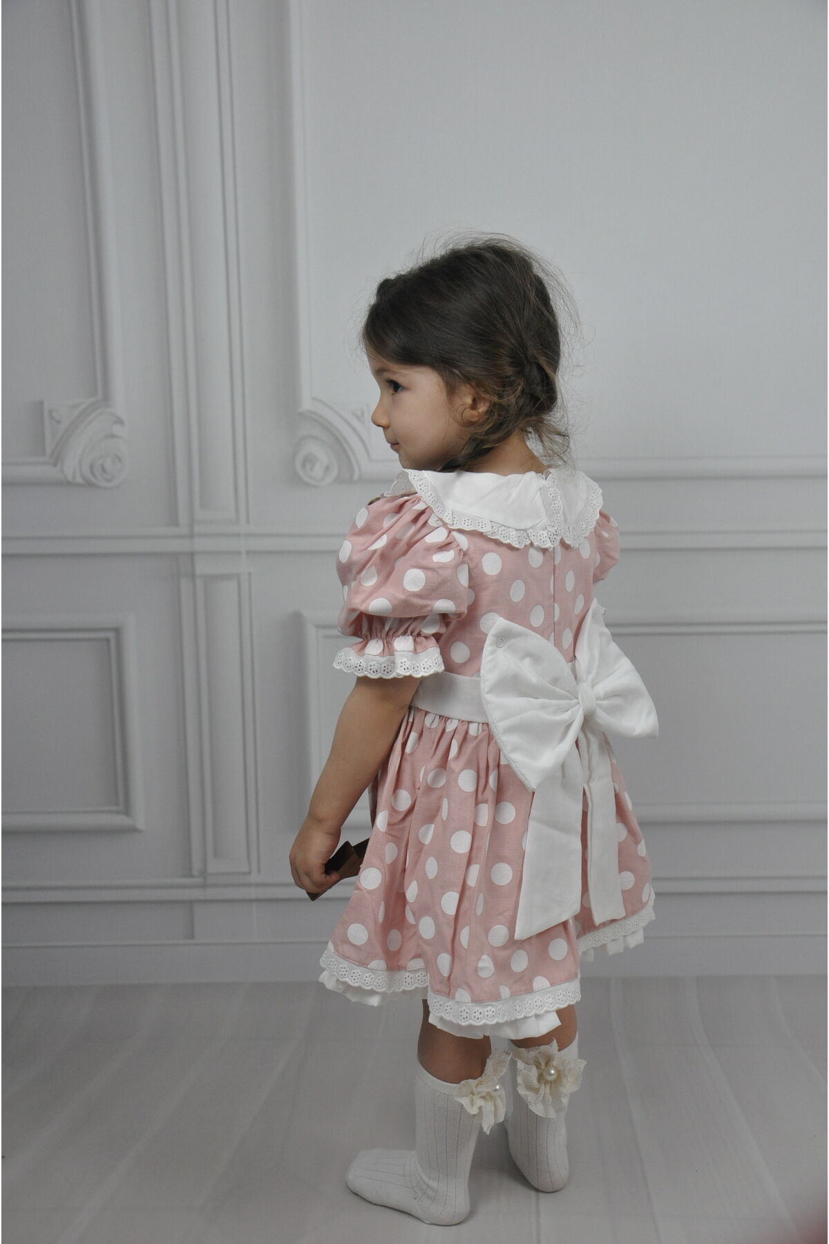 Puantiyeli Bebe Yakalı Arkası Fiyonklu Kız Çocuk Elbise Pembe - 1-2 Yaş