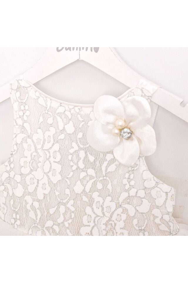 Lina Arkası Fiyonklu Beyaz Dantelli Elbise