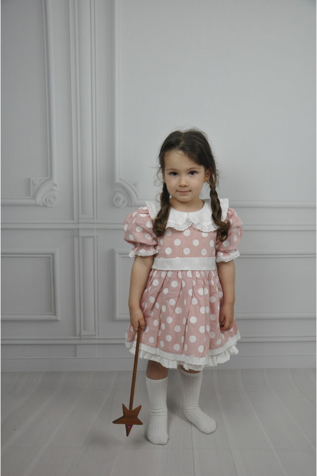 Puantiyeli Bebe Yakalı Arkası Fiyonklu Kız Çocuk Elbise Pembe - 2-3 Yaş