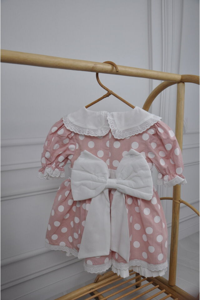 Puantiyeli Bebe Yakalı Arkası Fiyonklu Kız Çocuk Elbise Pembe - 2-3 Yaş
