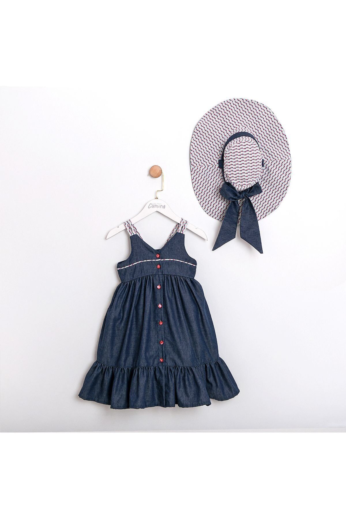 Blue Şapka Aksesuarlı Askılı Denim Kız Çocuk Elbise