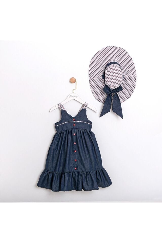 Blue Şapka Aksesuarlı Askılı Denim Kız Çocuk Elbise