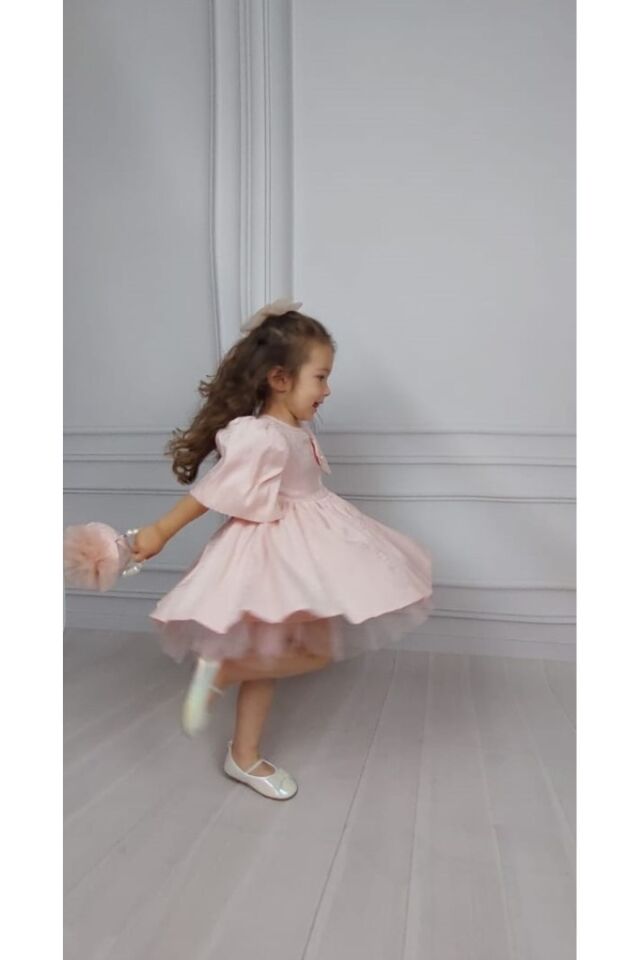 May Yakası Fiyonk Detaylı Çanta Aksesuarlı Kız Çocuk Elbise