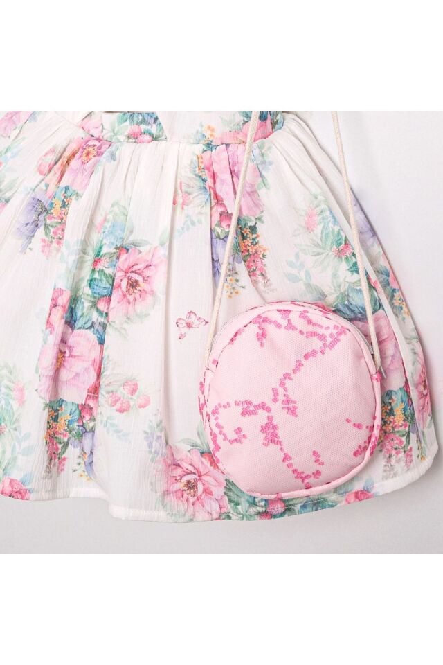 April Çiçek Desenli Cut Out Detaylı Çanta Aksesuarlı Kız Çocuk Elbise