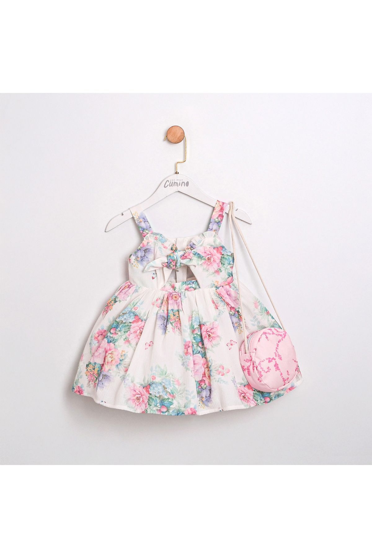 April Çiçek Desenli Cut Out Detaylı Çanta Aksesuarlı Kız Çocuk Elbise
