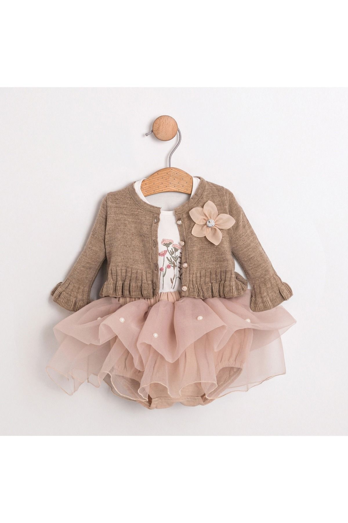 Monica Hırka ve Tütü Etekli 3'lü Kız Bebek Takım