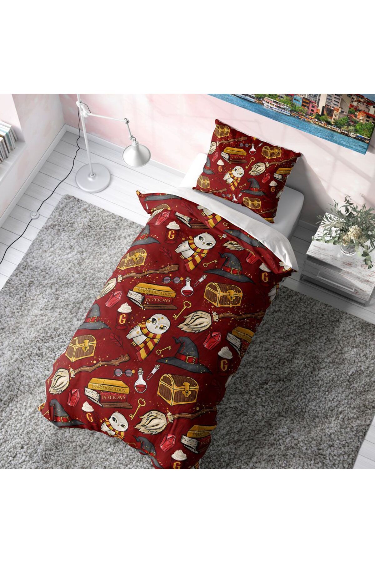 Harry Potter Gryffindor Temalı Yastıklı Nevresim Takımı (Çarşafsız) Bordo