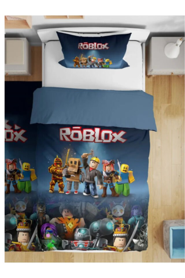 Roblox Çocuk Yastıklı Nevresim Takımı (Çarşafsız) Mavi