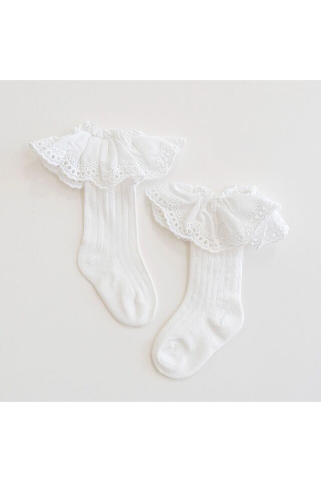 Fırfırlı Fistolu Beyaz Kız Bebek Çocuk Çorap