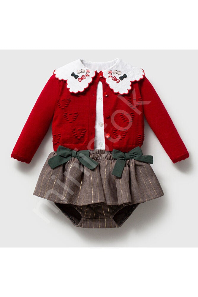 CANDY KIZ BEBEK 3 LÜ TAKIM ŞORT ETEK GÖMLEK HIRKA Kırmızı - 6-9 Ay