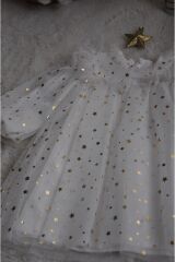 Shine Star Altın Yaldız Varaklı Beyaz Elbise