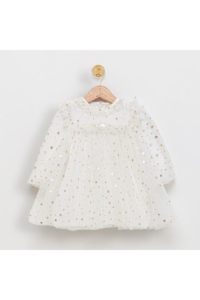 Shine Star Altın Yaldız Varaklı Beyaz Elbise