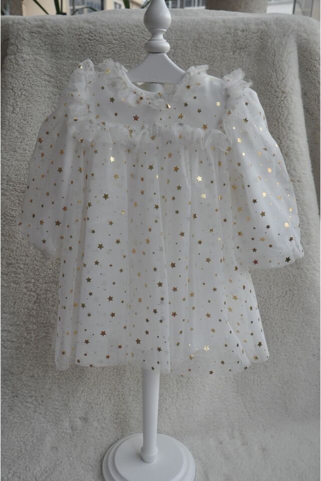 Shine Star Altın Yaldız Varaklı Beyaz Elbise