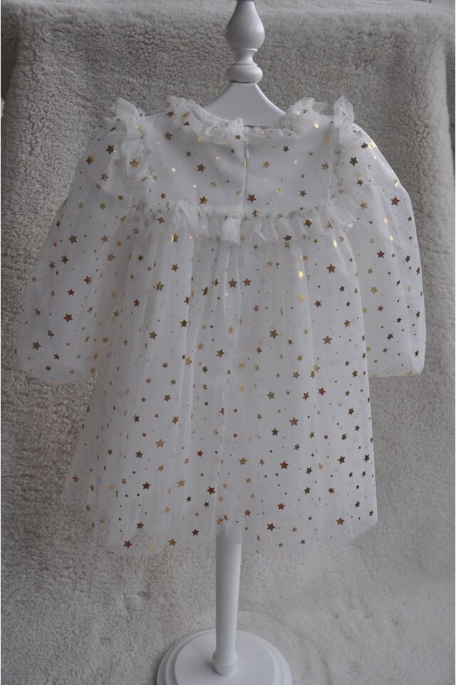 Shine Star Altın Yaldız Varaklı Beyaz Elbise