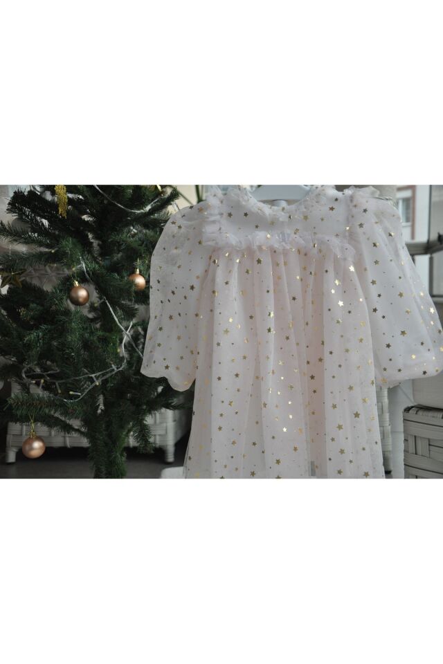 Shine Star Altın Yaldız Varaklı Ekru Elbise