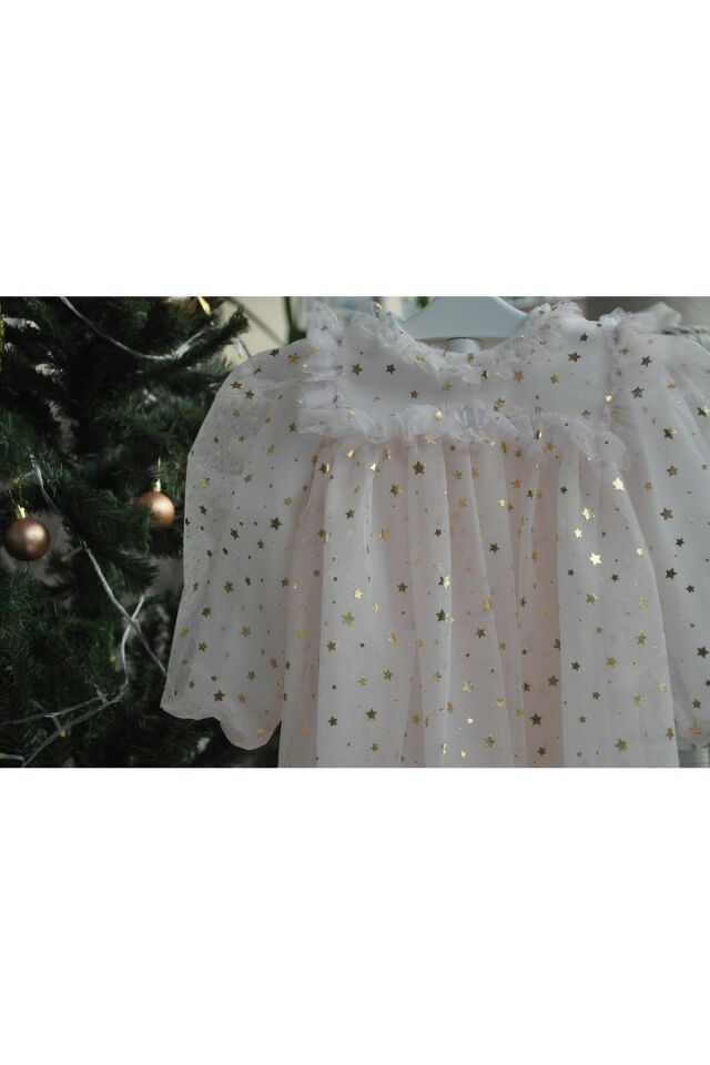 Shine Star Altın Yaldız Varaklı Ekru Elbise