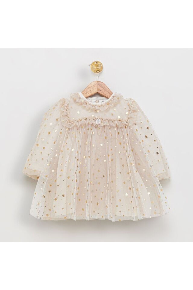 Shine Star Altın Yaldız Varaklı Ekru Elbise